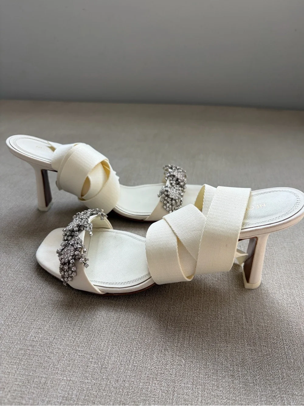 Crystal-Embellished Ivory Ankle-Tie Heels
